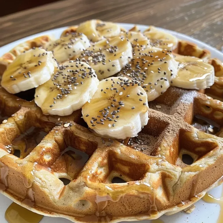 ['Waffles saudáveis de banana e aveia em um prato.', 'Close-up de waffles feitos com aveia e banana.', 'Waffles de aveia e banana prontos para servir.', 'Waffles saudáveis dispostos em uma mesa.']