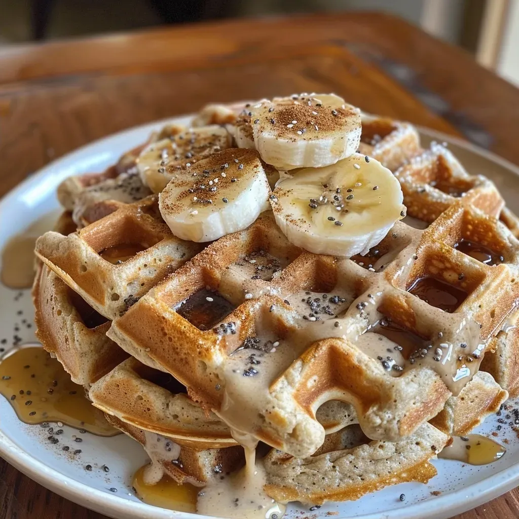['Waffles saudáveis de banana e aveia em um prato.', 'Close-up de waffles feitos com aveia e banana.', 'Waffles de aveia e banana prontos para servir.', 'Waffles saudáveis dispostos em uma mesa.']