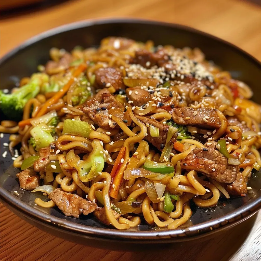 ['Prato de yakisoba com tiras de carne, legumes e macarrão.', 'Close-up de um yakisoba colorido e saboroso.', 'Yakisoba fácil preparado com carne e vegetais frescos.', 'Porção de yakisoba com ingredientes frescos e suculentos.']