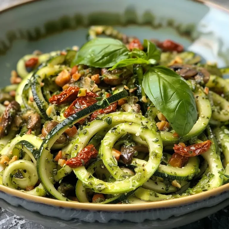 ['Close-up de Zoodles com Pesto de Tomate Seco e Nozes.', 'Prato de Zoodles frescos com molho pesto de tomate seco e nozes.', 'Vista lateral de Zoodles servidos com pesto de tomate seco e nozes.', 'Zoodles decorados com pesto de tomate seco e nozes em um prato.']