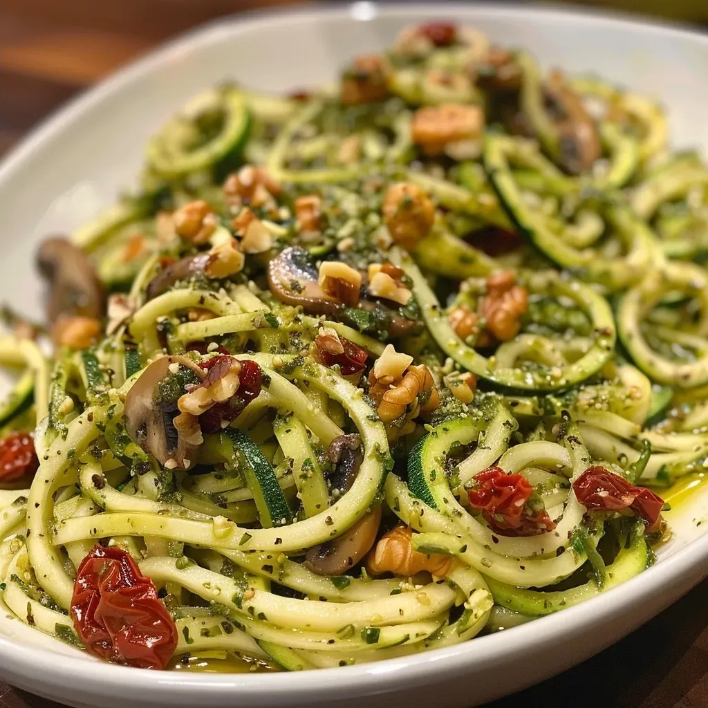 ['Close-up de Zoodles com Pesto de Tomate Seco e Nozes.', 'Prato de Zoodles frescos com molho pesto de tomate seco e nozes.', 'Vista lateral de Zoodles servidos com pesto de tomate seco e nozes.', 'Zoodles decorados com pesto de tomate seco e nozes em um prato.']