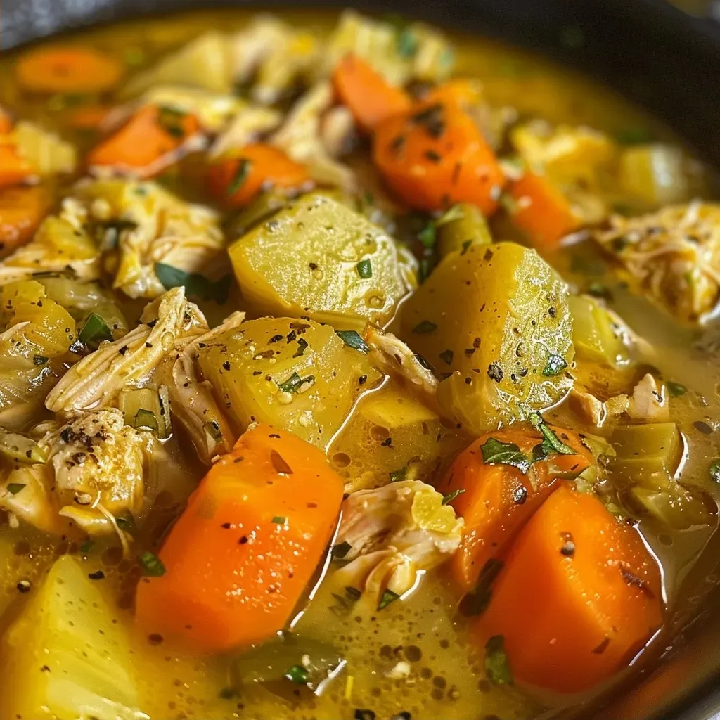 Sopa de frango com legumes, mostrando ingredientes frescos.