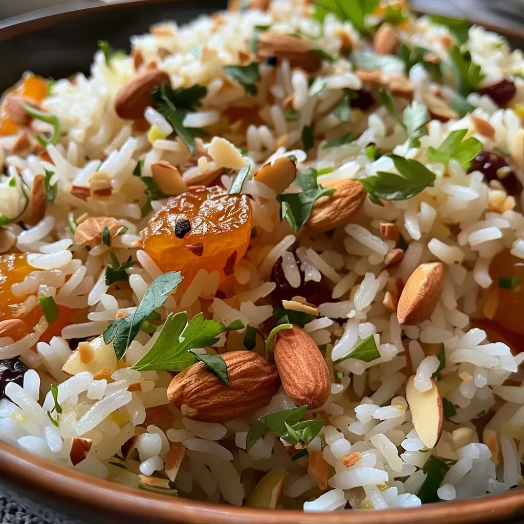 Arroz Basmati com damascos, cranberries e amêndoas.