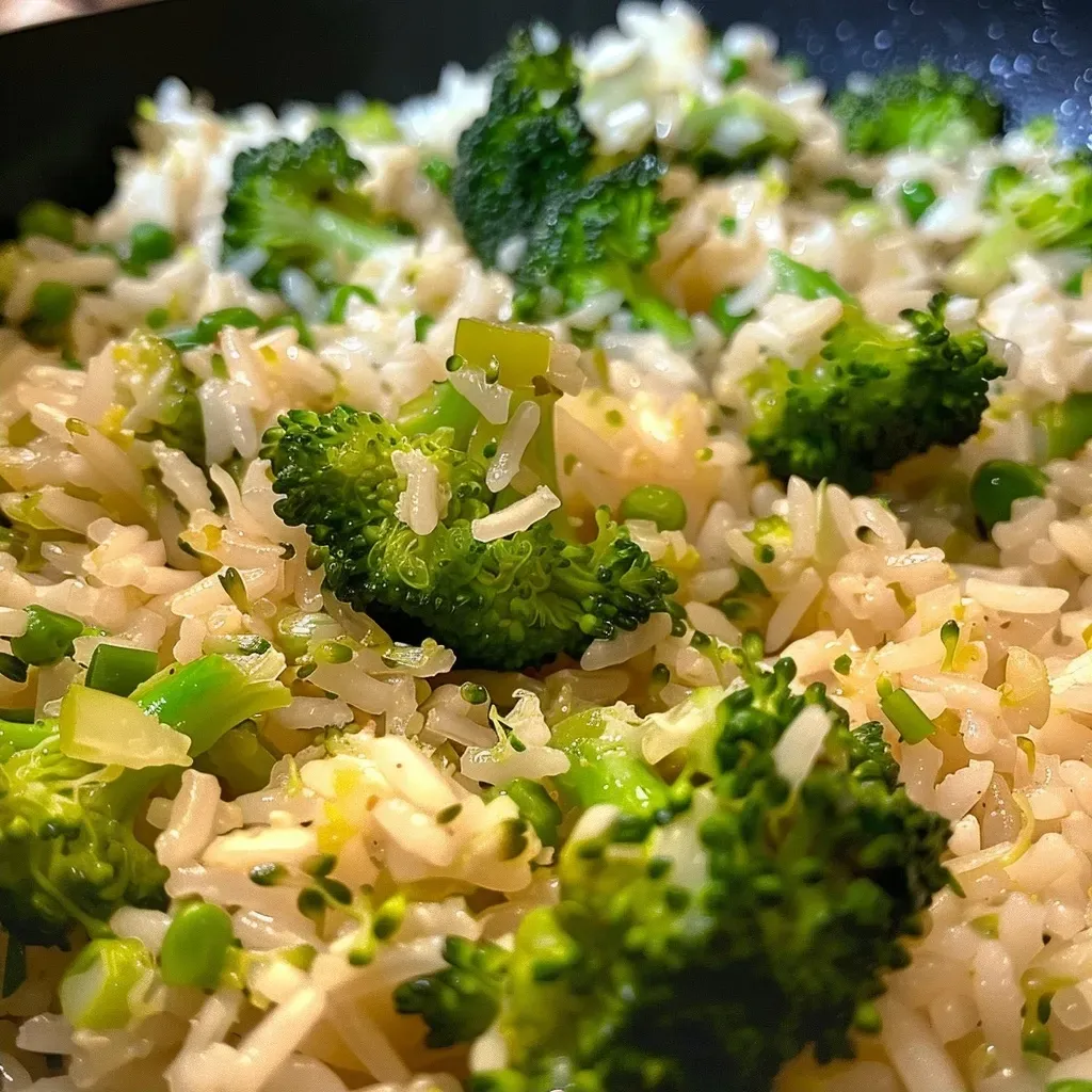 Prato de arroz de brócolis com alho visto de lado.