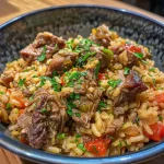 Prato de Arroz de Carreteiro com carne e legumes.