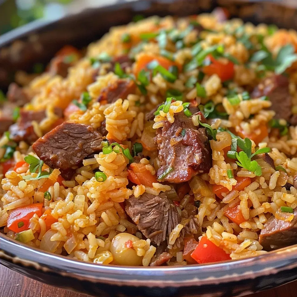 Close de Arroz de Carreteiro servido em um prato.