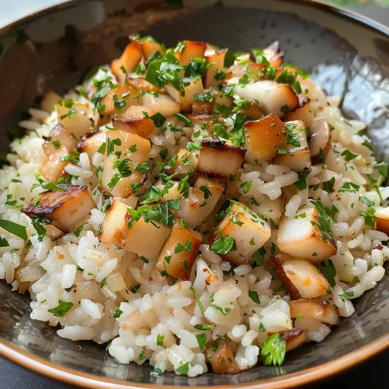 Arroz de coco com castanhas em um prato, com pedaços de castanhas visíveis.