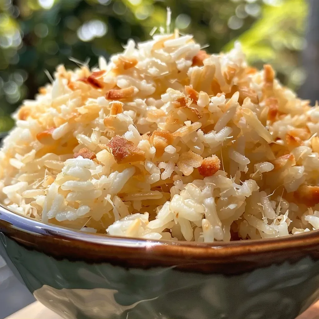 Close-up de uma porção de arroz de coco, decorado com castanhas.