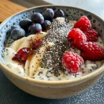 Tigela de aveia overnight com frutas congeladas.