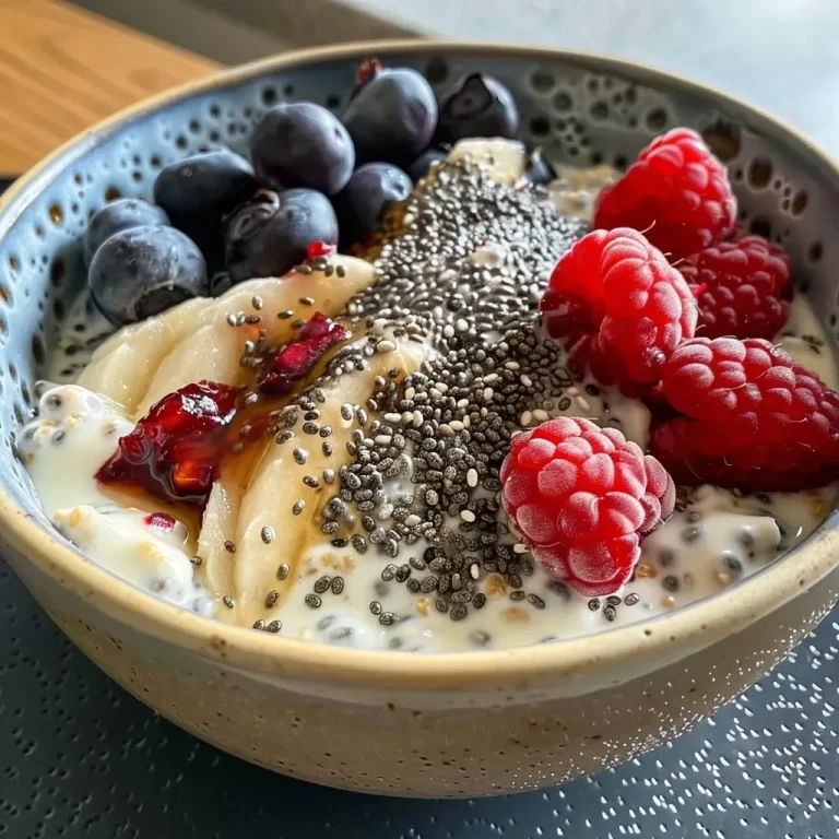 Acorde com Sabor: Aveia Overnight Colorida e Nutritiva Tigela de aveia overnight com frutas congeladas.