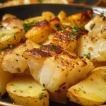 Prato de bacalhau assado com batatas e azeitonas.