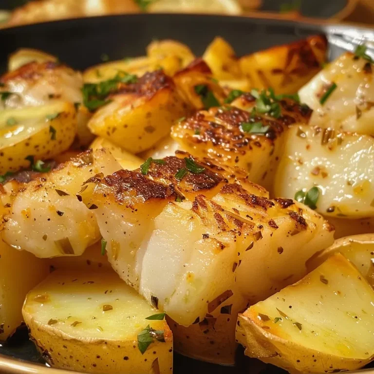 Prato de bacalhau assado com batatas e azeitonas.