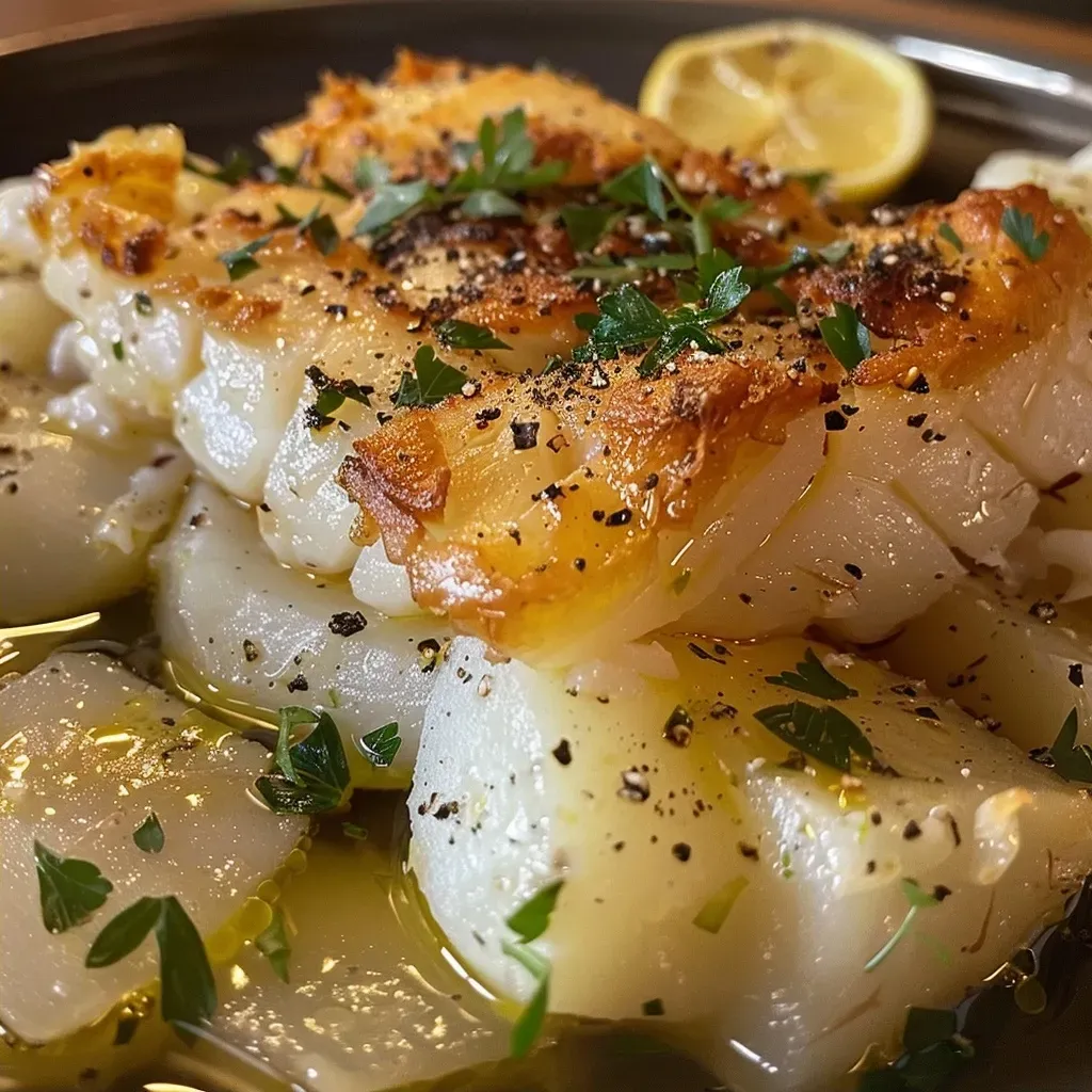 Bacalhau assado com fatias de batata e azeitonas verdes.