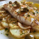 Prato de bacalhau assado com batatas e azeitonas.
