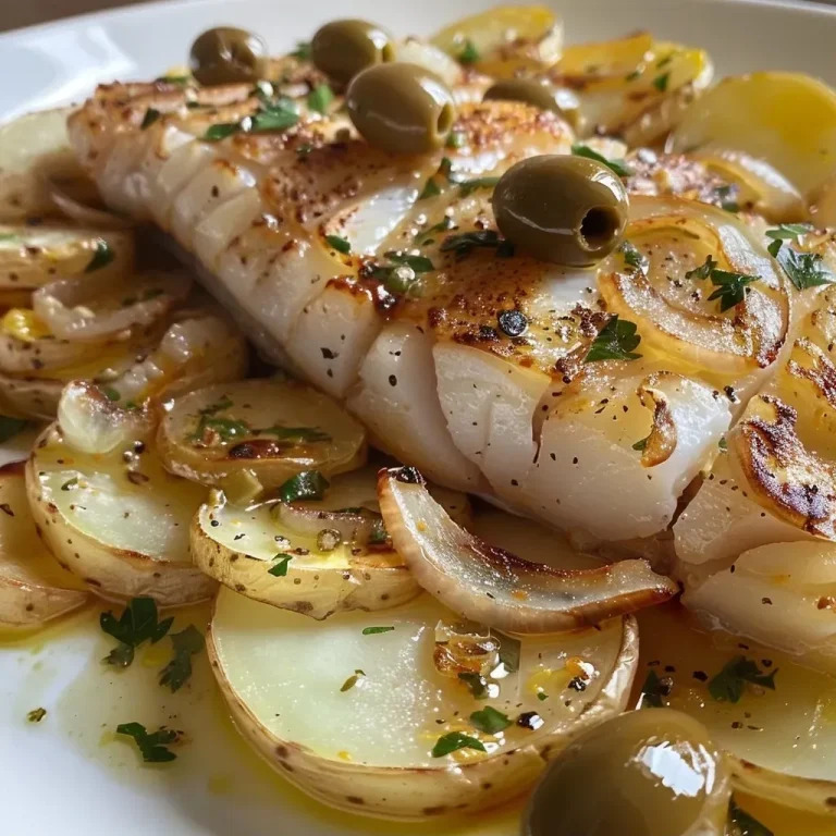O Delicioso Bacalhau Assado que Vai Fazer Você se Sentir em Portugal Prato de bacalhau assado com batatas e azeitonas.