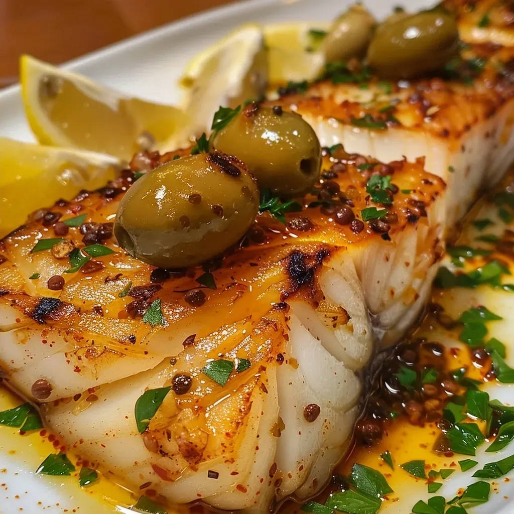 Bacalhau Assado Português servido com rodelas de batata.