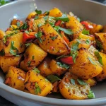 Batatas douradas com alecrim e alho em uma travessa.