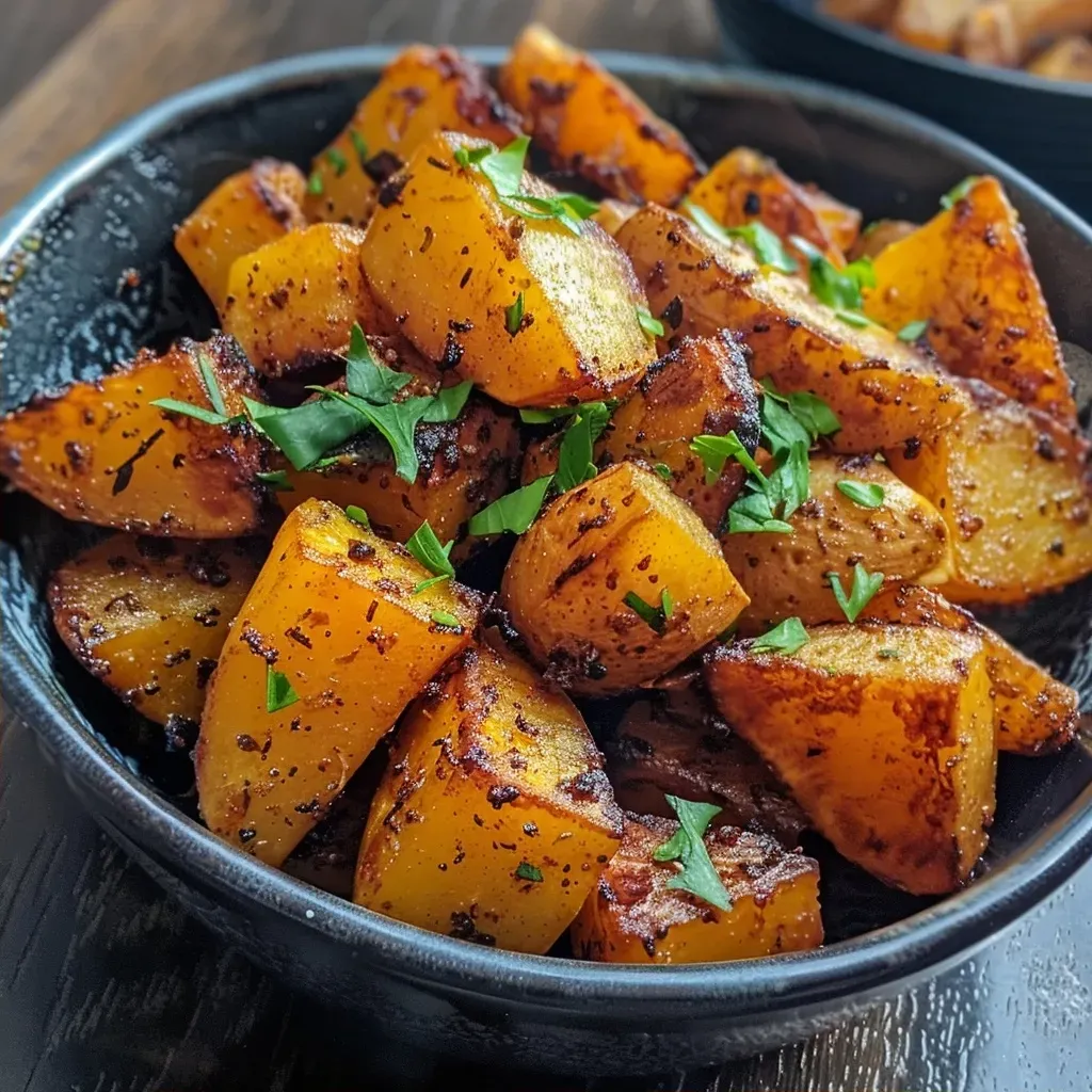 Close de batatas sauté com tempero de alecrim e alho.