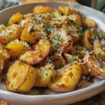 Batatas assadas douradas com alho e queijo parmesão.