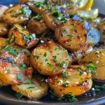 Batatas rústicas assadas douradas com alho e parmesão.