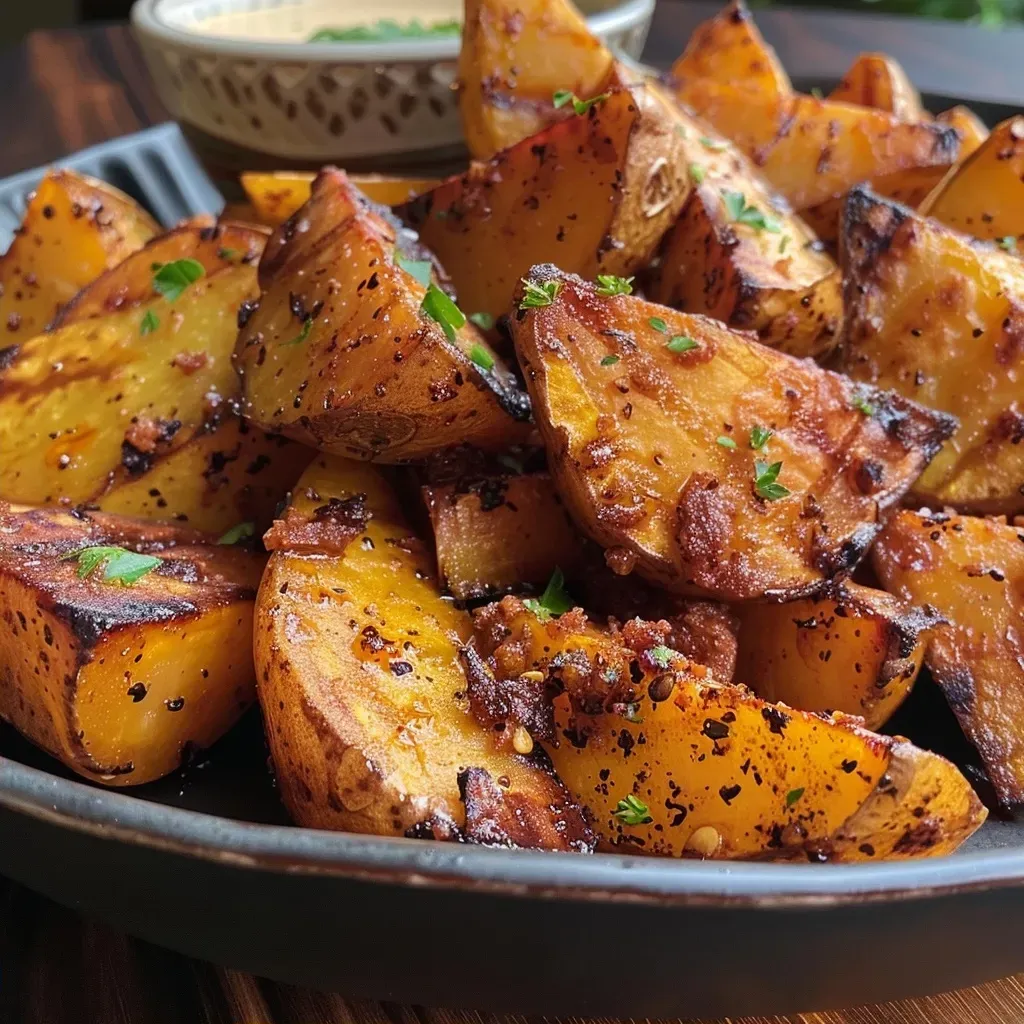 Prato de batatas rústicas crocantes com cobertura de queijo parmesão.