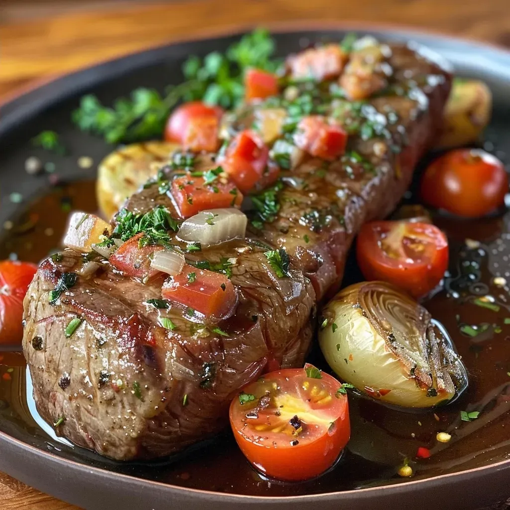 Close de um bife a rolê preparado com ingredientes frescos.