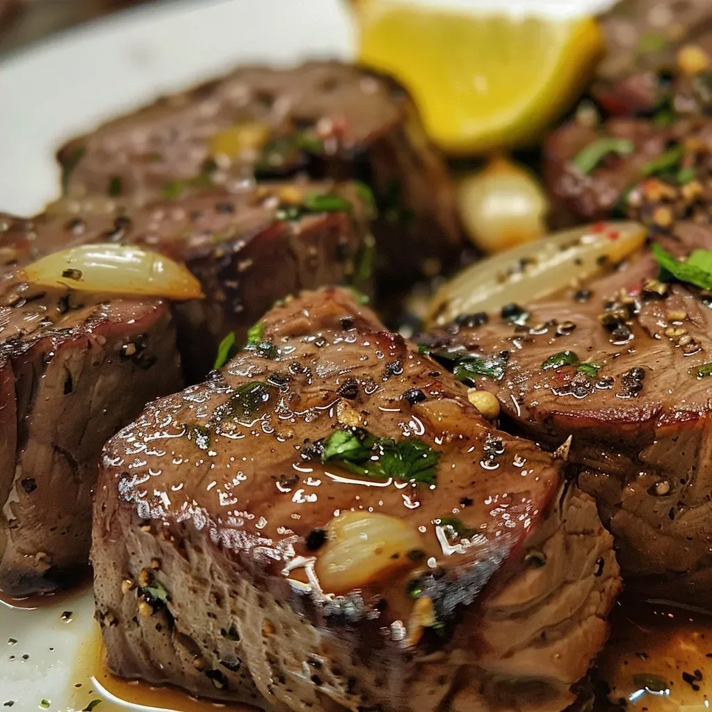 Close-up de bife macio coberto por rodelas de cebola.