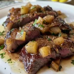 Bisteca grelhada suculenta com purê de mandioquinha ao lado.