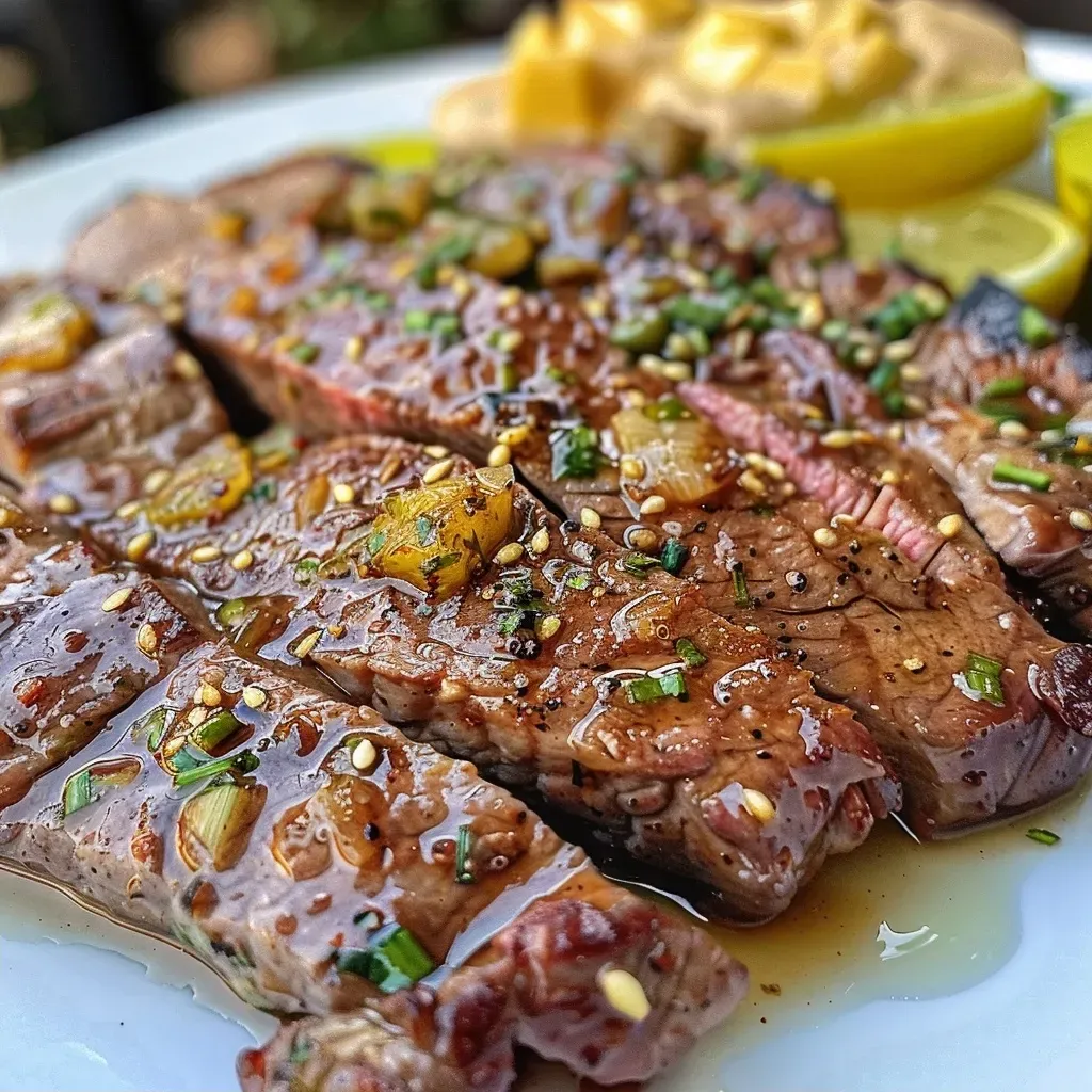 Prato de bisteca grelhada ao molho com purê de mandioquinha.