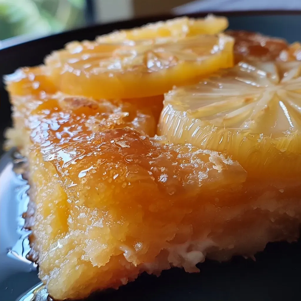 Fatia de Bolo de Abacaxi Gelado, mostrando a textura úmida e os pedaços de abacaxi.