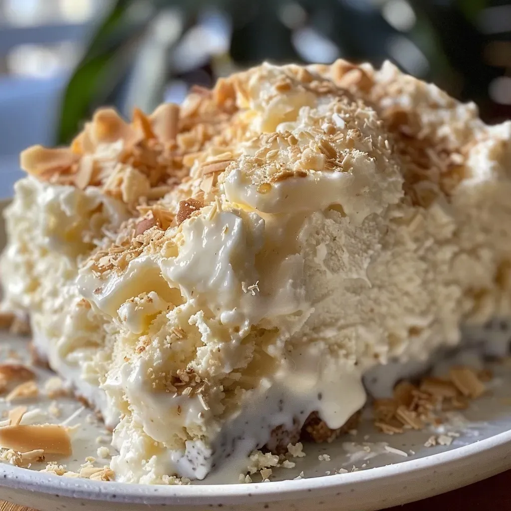 Fatia suculenta de Bolo de Coco Gelado, destacando o coco ralado e a cobertura cremosa.