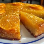Bolo de laranja fofinho com calda cremoso em close.
