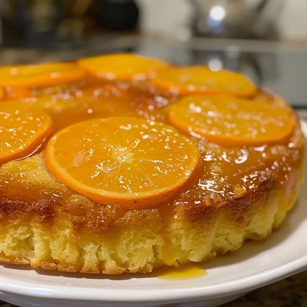 Fatia de bolo de laranja com calda, vista lateral.
