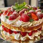 Bolo de morango coberto com chantilly, visto de lado.
