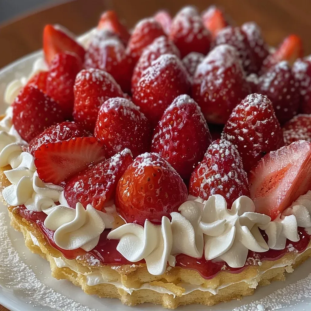 Close de um bolo de morango com creme de chantilly.