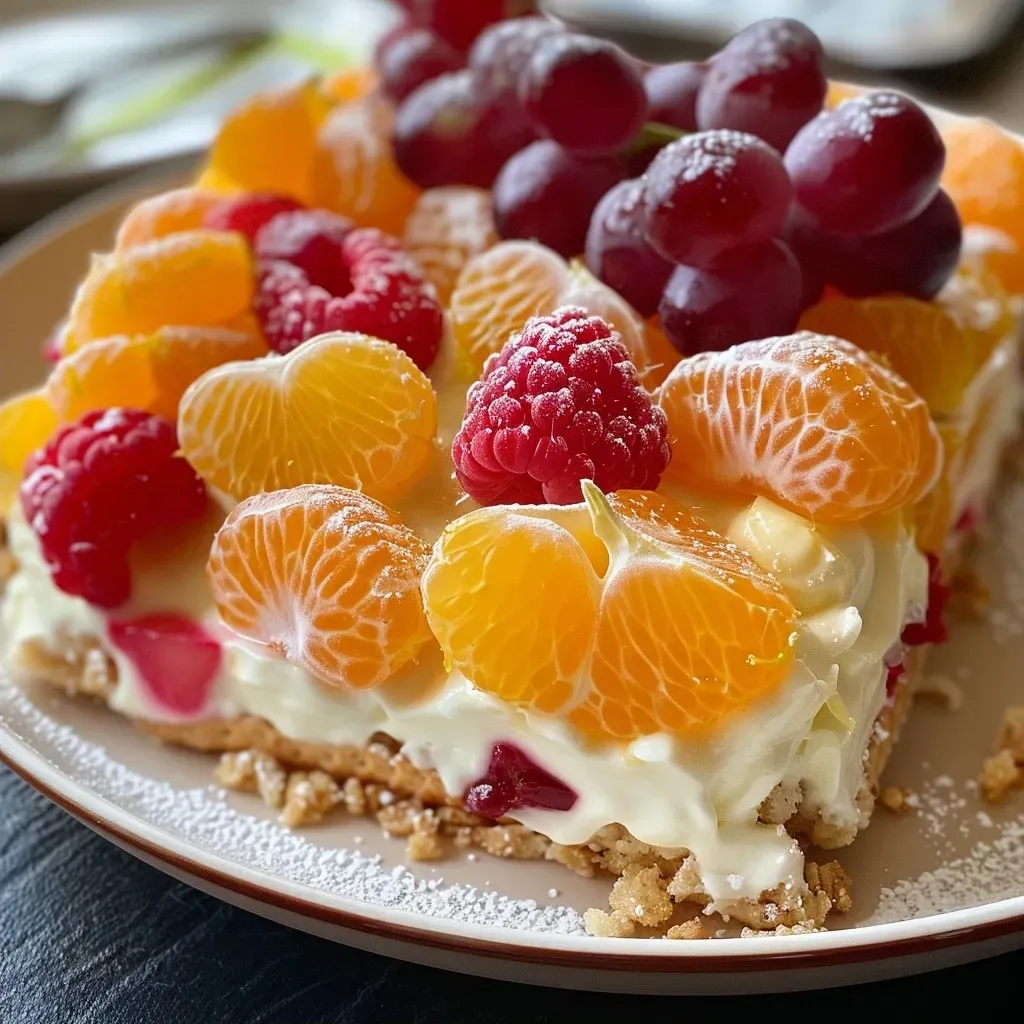 Close-up de Bolo Grego de Iogurte decorado com frutas e açúcar de confeiteiro.