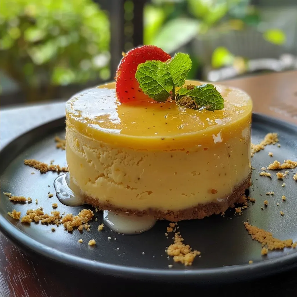 Fatia de bolo mousse de maracujá com textura suave e polpa fresca.