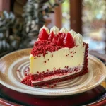 Bolo Red Velvet em camadas, com recheio de cheesecake visível.