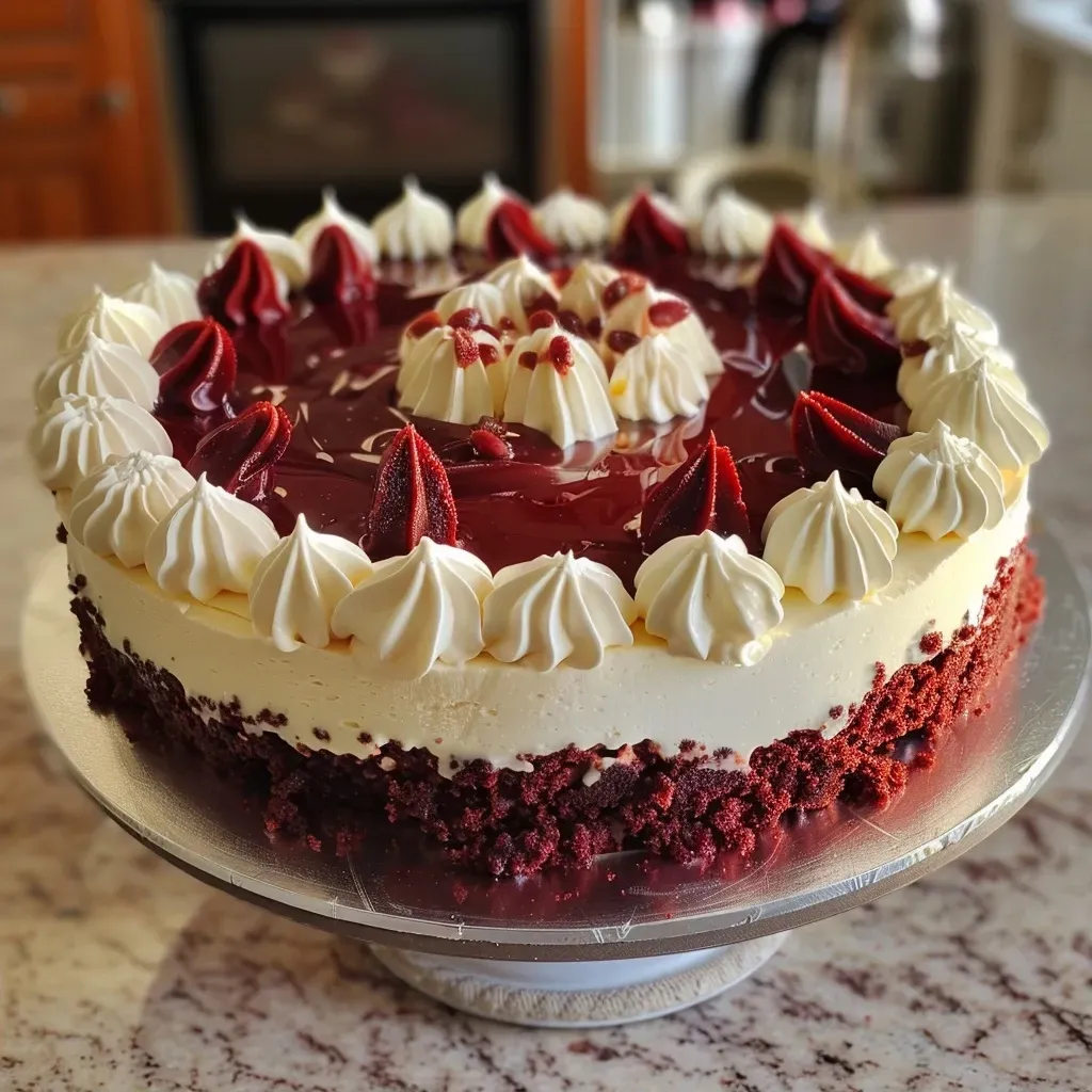 Fatia suculenta de bolo Red Velvet com recheio cremoso de cheesecake.