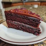 Bolo Red Velvet Proteico em close, com camadas suaves e cobertura cremosa.