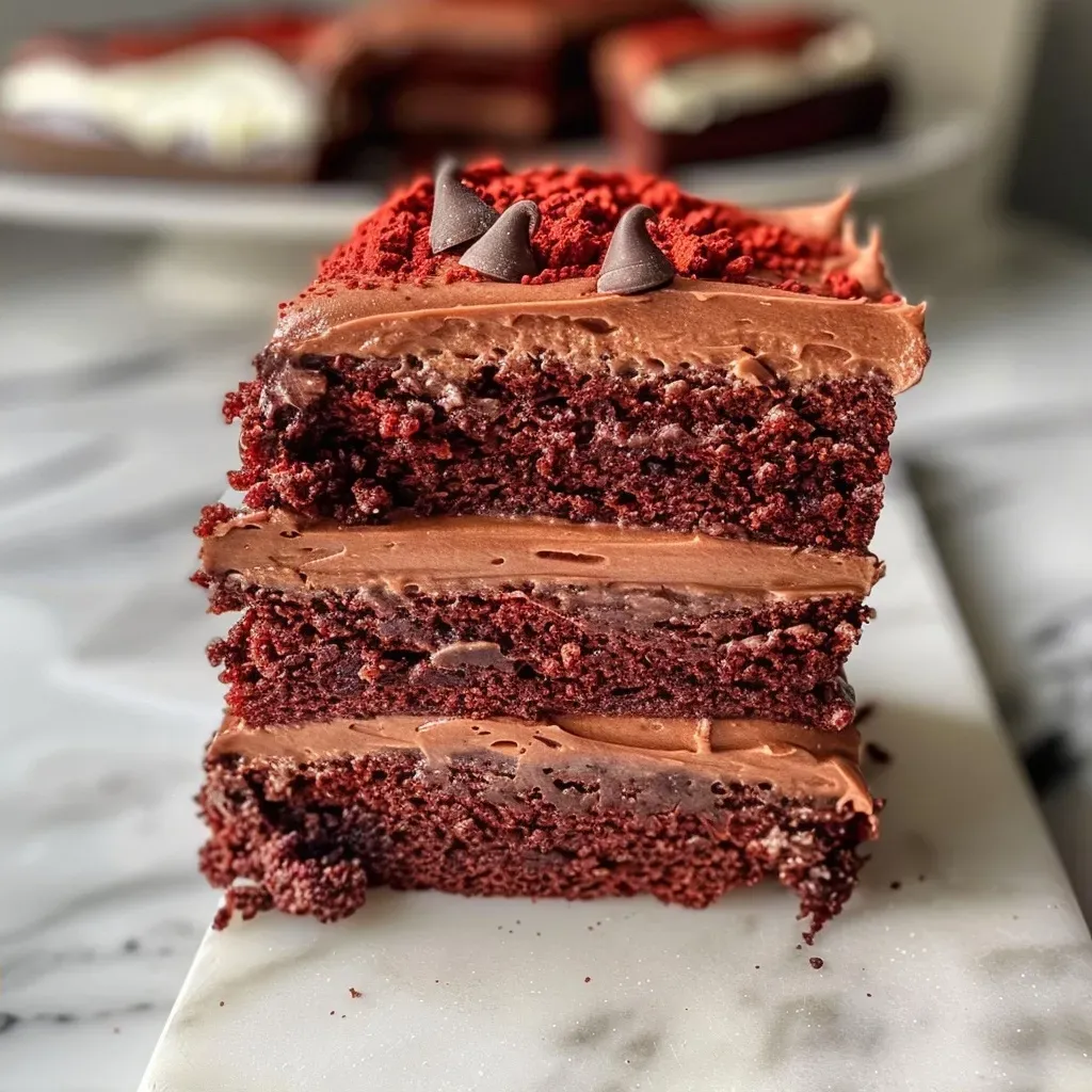 Detalhe do Bolo Red Velvet Proteico, mostrando a textura rica e cores vibrantes.