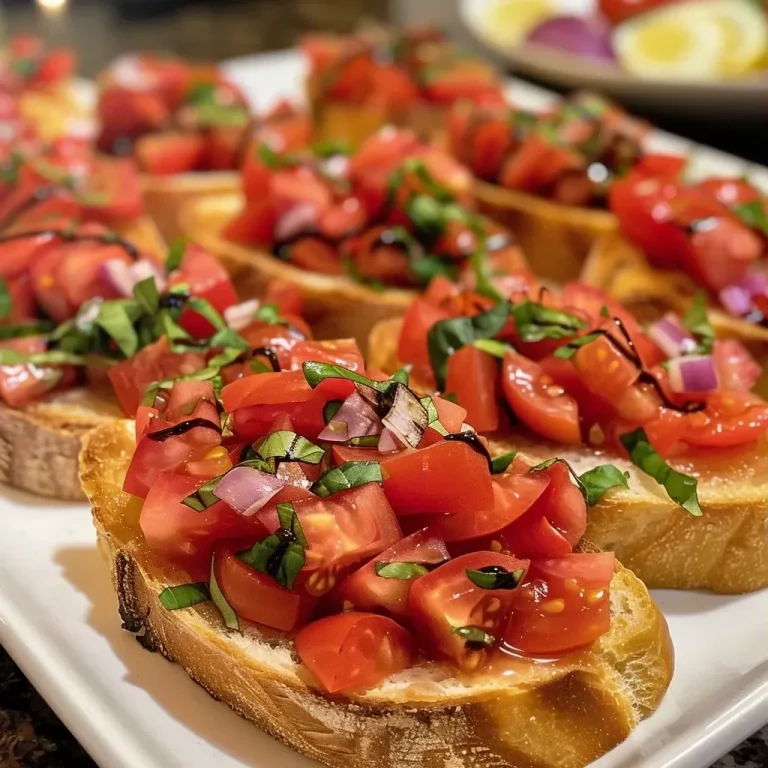 Bruschetta fresca com tomate e manjericão sobre baguete.