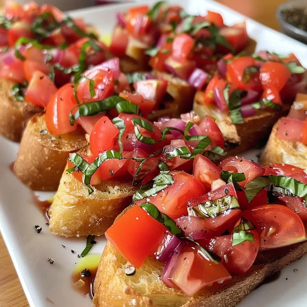 Close de bruschetta colorida e suculenta em uma fatia de pão.