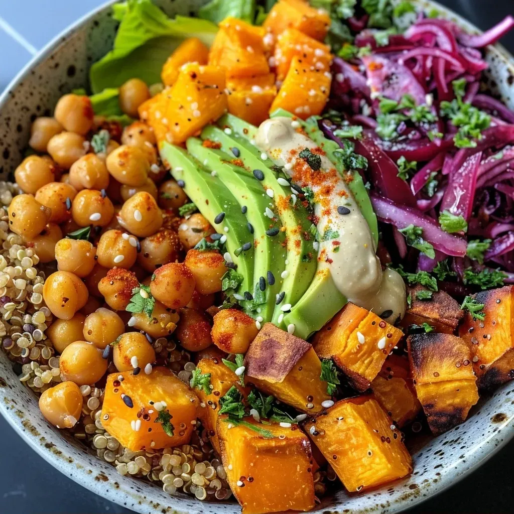 Buddha Bowl vegano colorido e nutritivo.