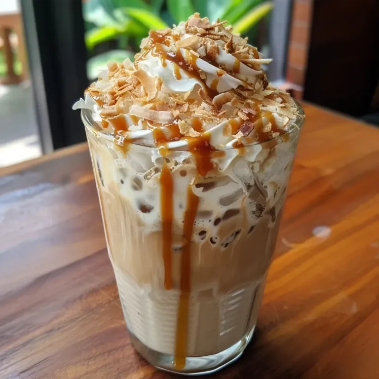 Refresque Seu Dia com um Delicioso Latte de Coco e Caramelo! Café gelado com caramelo e coco em um copo transparente.