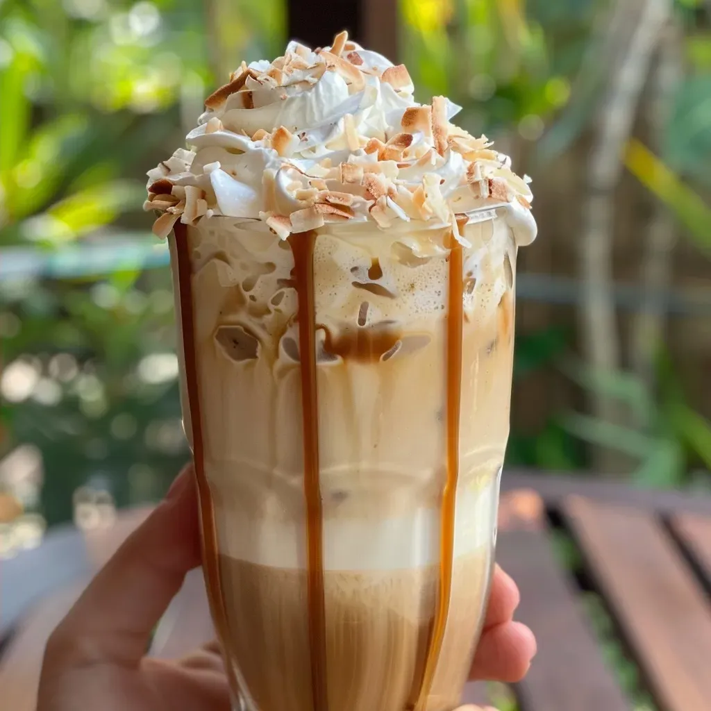 Close de um latte gelado com camadas de caramelo e coco.