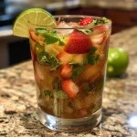 Caipirinha de morango com folhas de manjericão.
