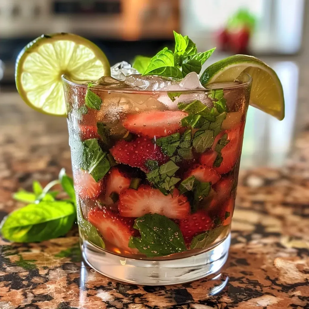 Close de um coquetel de caipirinha com morangos.