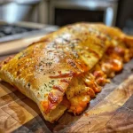 Calzone proteico recheado com frango e queijo.