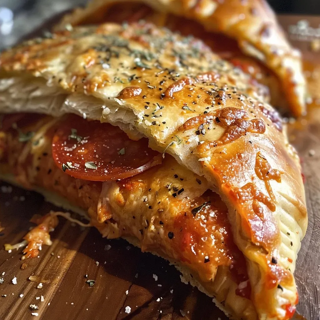 Close-up de um calzone recheado com pepperoni e parmesão.